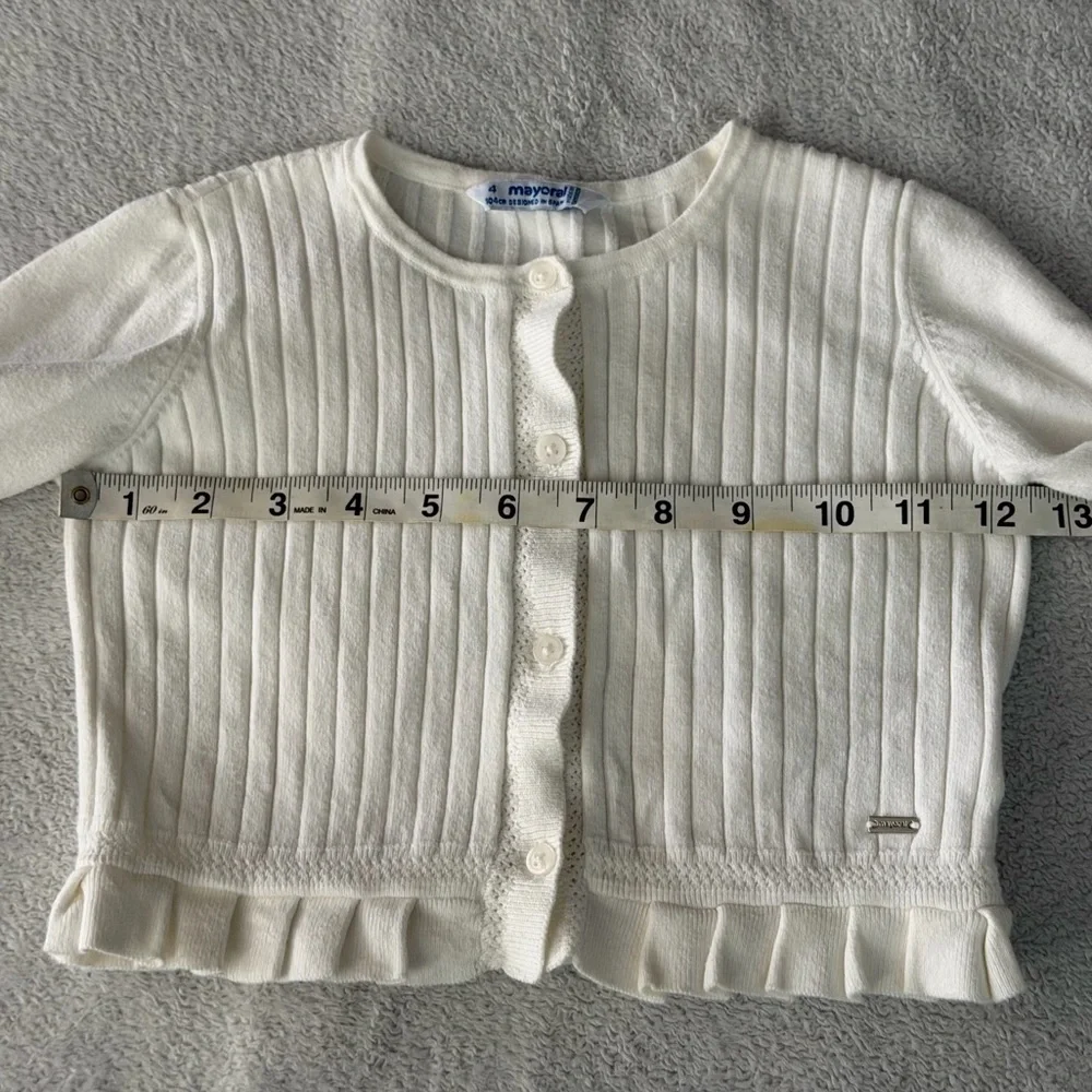 Mayoral | Ribbed Knit Cropped Cardigan with Ruffle Hem | Size 4